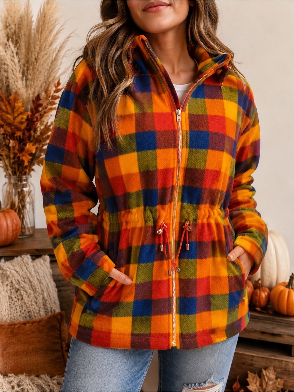 Vintage Rainbow Plaid Fleece Hooded Jacket Full Zip Retro Color Block Size L